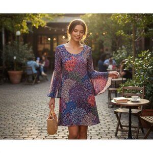 Bohemian Style Bell Sleeve Tunic Dress With Multicolor Peacock Feather Print